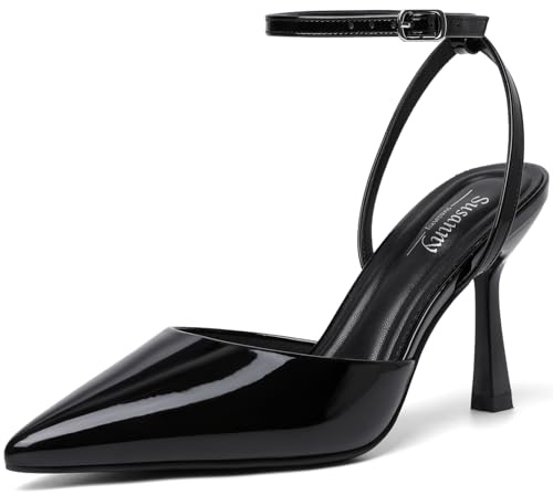 Susanny Black Heels for Women Stiletto Closed Pointed Toe Dress Shoes High Heels Sexy Patent Leather Pumps Wedding Guest Party Evening Prom Dance Ankle Strappy Dressy Shoes 10