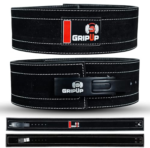 GripUp Powerlifting Belt for Weight lifting Lever Buckle Leather Gym Belt 10mm Thick 4-Inch Lumbar Back Support Men Women for Bodybuilding Deadlifts Dips Strength Training Workout (Black, M)