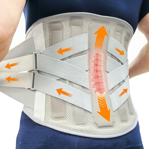 SURPOWN Back Brace for Lower Back Pain Relief Men Women, Adjustable Compression Lumbar Back Support Belt, Breathable Lumbar Support Brace Band Strap for Sciatica, Herniated Disc, Heavy Lifting, Grey L