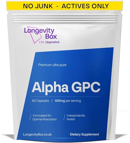 Longevity Box Alpha GPC 650mg – High-Potency Nootropic for Focus, Memory & Mental Energy – 99% Pure Choline – 60 Capsules, Gluten-Free, Tested
