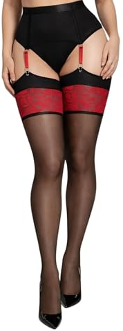 JUST BEAUTY TOUCH Sheer Black Stockings with Red Back Seam – Thigh Highs with Lace Top – Vintage Style Lycra Stockings for Garter Belts (M, Black(Red))