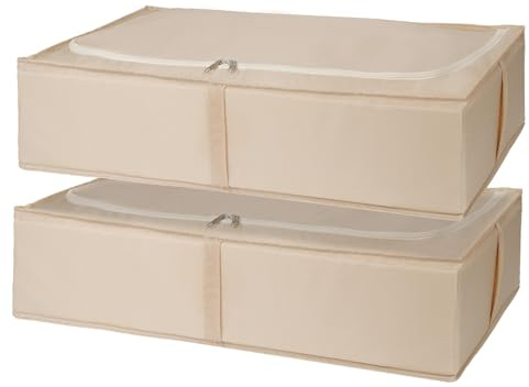 Ezvsevuo 2 Stück Unterbett Aufbewahrungsbox, Faltbare Unterbettkommode mit Strapazierfähiges Gewebe, Unterbett Aufbewahrung mit Deckel für Kleidung, Bettdecken, Bettwäsche - 68x40x17cm, Beige