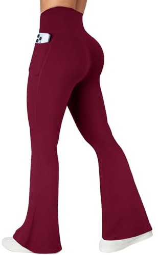 COPYLEAF Womens Flare Leggings with Pockets Seamless Crossover Yoga Pants(Wine Red M)