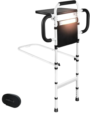 ZOLIQUEX Bed Rails for Elderly Adults Safety with Foldable Tray & Motion Sensor Light, Adjustable Height Bed Assist Bar with 3 Handles, 350 lbs Capacity Bedside Support Rail, Easy to Install