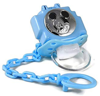 Disney Porte-tétine avec chaîne, Mickey Mouse, plastique bleu ciel, silicone hypoallergénique