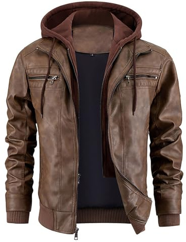 Veste en cuir synthétique pour homme - Col montant - Veste bomber - Capuche amovible - Manteau d'hiver chaud - Veste en cuir - Doublure chaude - Coupe-vent - Veste de moto d'extérieur avec fermeture