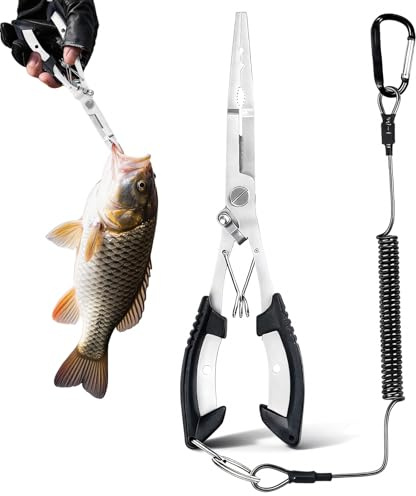 xolear Acero Inoxidable Alicates Pesca, Quita Anzuelos Pesca con Cierre de Seguridad, Multifuncional Saca Anzuelos Pesca Boca Larga, Extractor de Anzuelos y Cortahilos con Cordón