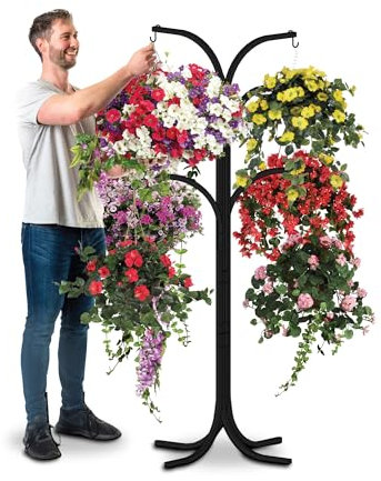 Bishop Hanging Basket Bracket Stand 6-Arm - 169cm, Black Powder Coat Display Stand for Garden Hanging Baskets, Outdoor Planters & Flower Hanging Basket for Patio & Outdoor Plant Stand