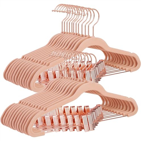 SONGMICS 24 Pack Pants Hangers, 16.7 Inch Coat Hangers with Rose Gold Colored Movable Clips, Heavy-Duty, Non-Slip, Space-Saving, for Pants, Skirts, Dresses, Light Pink UCRF14PK24