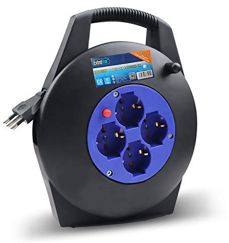 EXTRASTAR Prolunga Elettrica con Avvolgicavo 8 mt,4 Prese Polivalenti (Schuko + 10/16A),Spina 16A,Sezione Cavo 3G 1,0 mm²