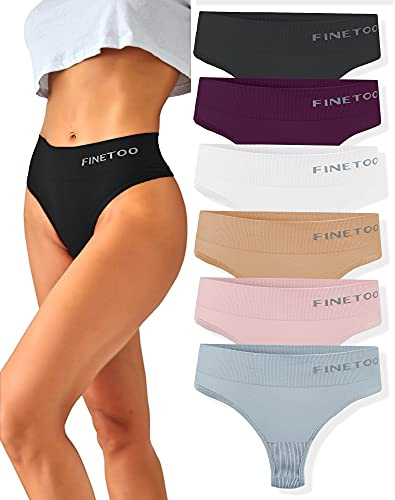 FINETOO 6-Pack String Thongs Ladies Tummy Control Thongs Set Breathable Thong Women Underpants High Waist Underwear Soft Panties Multipack