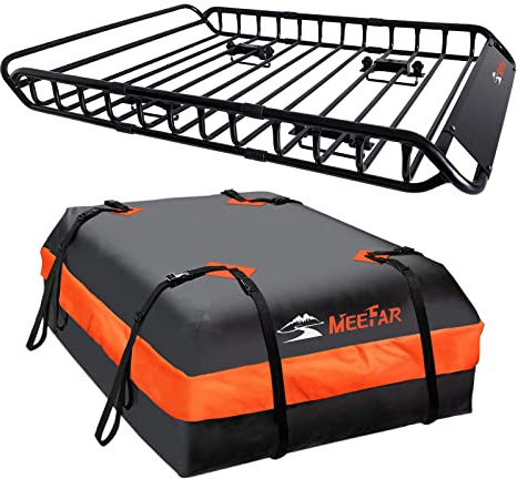 MeeFar Roof Rack Carrier Carrier Basket 51*36*5+Waterproof Bag 15 Cubic Feet(44*34*17),and Cargo Net with Attachment Hooks,Ratchet Straps.200 Lbs Capacity,Universal Rooftop Large Size Roof Rack