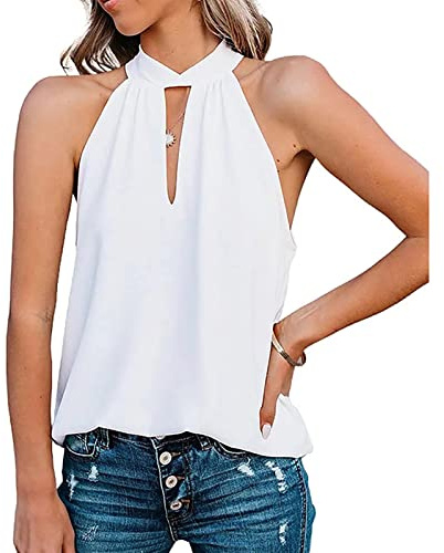 lyrlody Top sin Mangas de Gasa con Cuello Halter, Camisa de Manga Corta con Cuello Redondo, Blusa con Cuello Redondo, Camiseta de Verano, Top de Manga Corta con Encaje Raglán(M-Blanco)