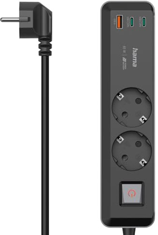 Hama 5in1 Steckdosenleiste mit USB 65W Ladegerät (2 Steckdosen, 1 USB-A, 2 USB-C, Laptop USB C Ladegerät 65W per USB ohne Netzteil Schnellladefunktion PD, Mehrfach-Steckleiste mit Schalter, 1,4m) grau