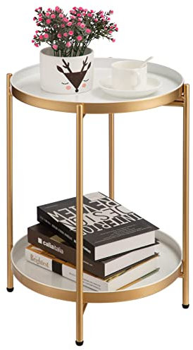HollyHOME Beistelltisch Gold Rund Klein Metall Couchtisch Balkontisch Nachttisch 2 Ebenen Beistelltisch für Wohnzimmer Schlafzimmer Outdoor Terrasse, Gold&Weiß