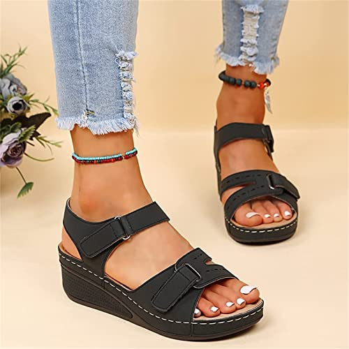 Ortopediska Sandaler FöR Kvinnor Kil Med Fotvalv BekväM Mjuk Sula Ortopediska Sandaler med KroköGla Ankelrem Sandaler I KonstläDer GåTofflor,Black,US7/EU38