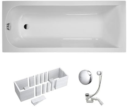VBChome Badewanne 150 x 70 cm Weiß Acryl SET Wannenträger Siphon Wanne Rechteck Design Modern Styroporträger Ablaufgarnitur in Chrom 150x70 cm