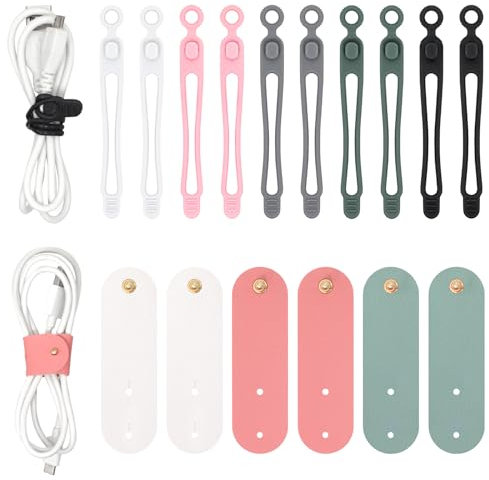 TRUEIN 16 Piezas Organizador de Cables de Datos de Silicona, PU Leather Cable Tie, Bridas para Cable de Silicona, Elástico Sujeta Cables Reutilizable para Auriculares,Cable de Audio,Cables de Datos