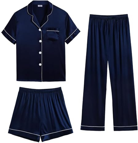 SWOMOG Womens Satin Pyjama Sets Ladies Silk Nightwear 3 Piece Short Sleeve Pj Button Down Sleepwear Set M Deep Navy Blue
