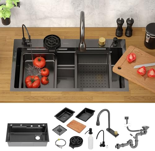 ML-Design Évier Multifonction Inox 80x46 cm Anthracite, Évier de Cuisine Encastré Rectangulaire, avec Robinet avec Douchette Extractible Distributeur de Savon et Autres Accessoires, 1 Bac Lavabo