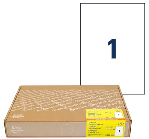 AVERY Zweckform 8027 Versandetiketten (300 Klebeetiketten A4, 210x297mm auf A4, bedruckbare Versandaufkleber für Hermes, DHL, GLS, DPD, UPS, Fedex, selbstklebende Adressetiketten, 3478) 300 Blatt