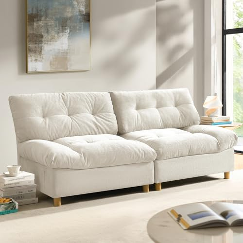 HULALA HOME Modern Loveseat 2 Seater Couch with Storage Pocket, Comfy Deep Seat, Solid Wooden Frame, Tufted Design Wide Loveseat Sofa for Living Room, Beige