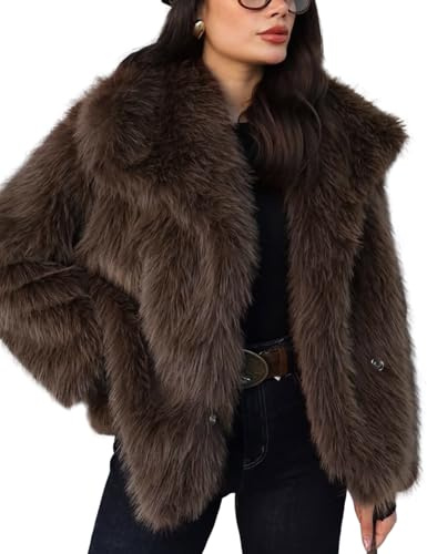 Wyeysyt Womens Faux Fur Coat Cropped Fluffy Shaggy Jacket Lapel Winter Warm Furry Short Coat(Coffee-S)