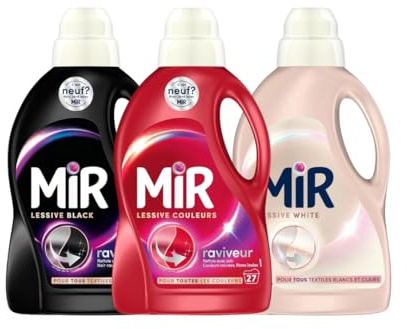 Mir – Lot de 3 Lessives Liquides 27 Lavages pour Blanc, Noir et Couleurs – Détachant Efficace, Protection des Fibres, Respect des Textiles, Usage Quotidien Familial