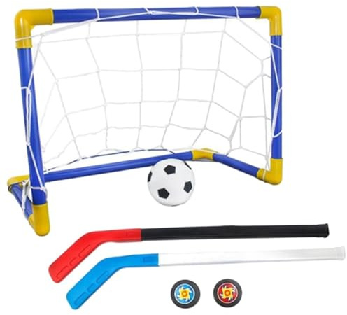 Xweptuy 2-i-1 minihockeyfotbollsset med minimålnät, hockeyklubba, fotboll och bollpump, fotbollsmål set för barn, inomhus och utomhus, bakgårdsspel
