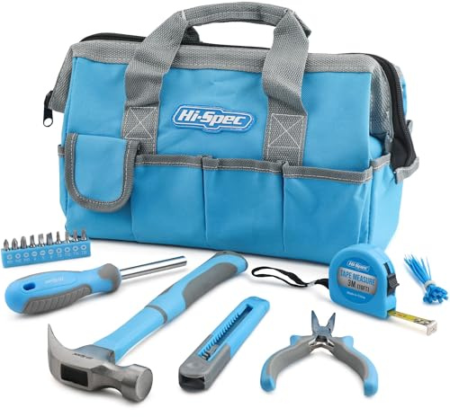 Hi-Spec 16-teiliges Werkzeugset in Hellblau, speziell für den Haushalt zusammengestellt. Eine kompakte Werkzeugtasche mit vielen Fächern und Reißverschluss
