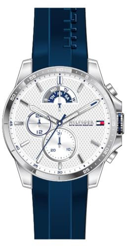 Tommy Hilfiger Analoge Multifunktionale Quarz-Uhr für Herren 48 mm - Weißes Zifferblatt, Blaues Silikonarmband, 3 Unterzifferblätter, Wasserdicht bis 5ATM - 1791349