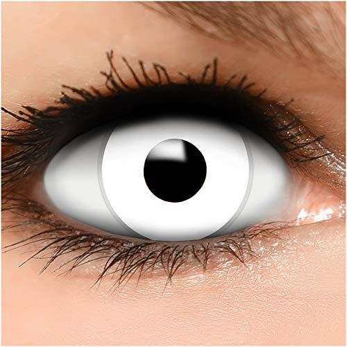 FUNZERA Lentilles de Contact Blanche Blanche Zombie, Halloween Tattoos inclus, lentilles de contact colorées, sans correction - Qualité de la marque - Idée costume maquillage Carnaval ou Halloween