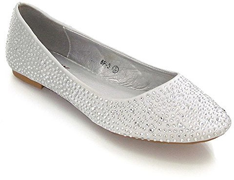 New Womens Bridal Diamante Ladies Sparkly Slip ON Bridesmaid Shoes Pumps Size (UK 5 EU 38, Silver Satin)