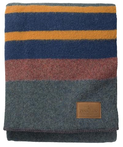 Pendleton Yakima Camp Blanket Full Queen 90 x 90 - Wool Cotton, Large, Dry Clean, Soft and Durable Throw for Home and Travel - Lake