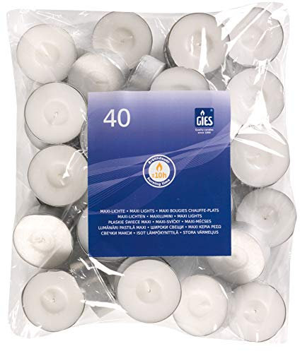 Gies 205-455000-10 - Candele tealight Maxi, Diametro 58 mm, portalumino Metallico, Confezione da 40 Pezzi, Colore: Bianco