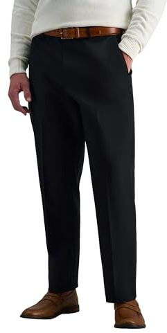 Haggar Men's Classic Fit Flat-Front Hidden Expandable Waistband Premium No Iron Khaki, 38W x 32L - Black, HC10884