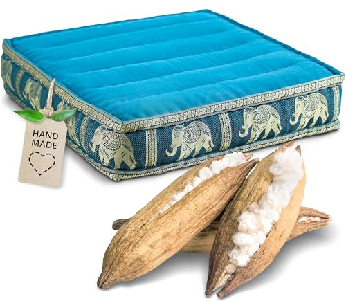 livasia Sitzkissen Boden Thaiseide - 50x50x10cm - Bodenkissen Indoor/Outdoor, Meditationskissen Yogakissen, Stuhlauflage Palettenmöbel, Steppkissen Bank handgefertigt (Hellblau/Elefanten Seide)