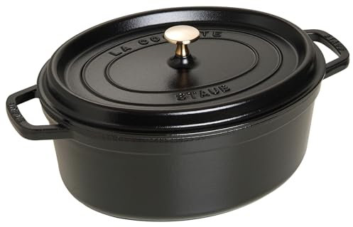 STAUB Gusseisen Bräter/Cocotte, oval 33 cm, 6,7 L, Aromaregen Funktion für optimale Befeuchtung im Deckel, Für alle Herdarten inkl. Induktion & Backofen, Schwarz