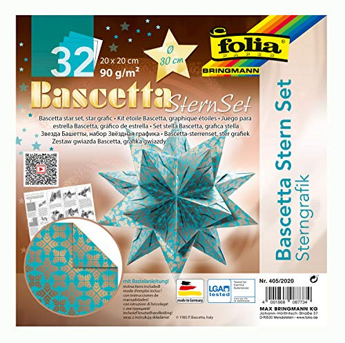 folia Bascetta Star Graphics 405/2020 Kit de loisirs créatifs Turquoise/cuivre 32 feuilles 20 x 20 cm Format fini de l'étoile en papier env. 30 cm avec instructions détaillées (français non garanti)