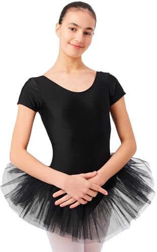 tanzmuster Kinder Ballett Trikot Ballettanzug Alina mit Tutu-Röckchen - Balletttutu aus 3-lagigem Tüll. Zauberhaftes Ballettkleid für Mädchen in schwarz, Größe:152/158