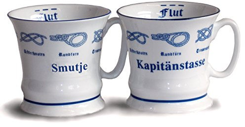 Unbekannt 2er Set Kaffeebecher Herrenbecher Smutje + Kapitänstasse | Tassenset aus Porzellan mit Seemannsknoten