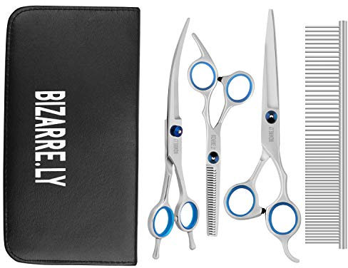 Bizzarre.ly Professionelles Hundepflege Set – Hundeschere Fellschere für Hunde und Haustiere Pflegeset – Beinhaltet Fellschere, Effilierschere & Schere Gebogen und Hundekamm – Katzen&Hunde Pflege Set
