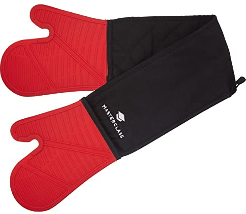 MasterClass Oven Gloves, Heat Resistant, Silicone and Cotton, Double Sided, Black/Red