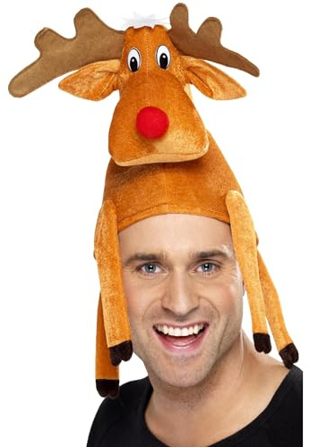 Smiffys Reindeer Hat, Brown – Funny Christmas Fancy Dress Hat with Red Nose & Antlers, Festive Novelty Headwear for Adults, Festive Office Parties, Xmas Events & Holiday Fun