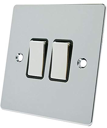 Alliance Electrical FPC2GSWIBC 10 A 2 Way 2 Gang Black Insert Flat Metal Rocker Light Switch - Polished Chrome