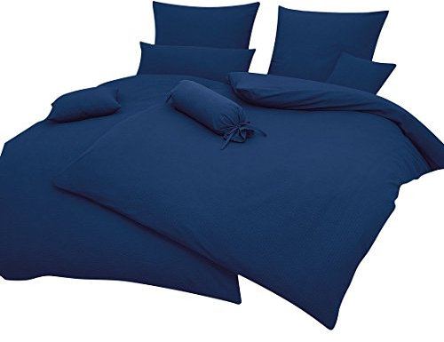 Janine Mako Soft Seersucker Bed Linen Plain Piano 240 x 220 cm + 2 Pillowcases 80 x 80 cm Navy Blue