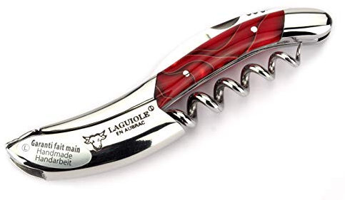 Laguiole En Aubrac Sommelier Waiter's Corkscrew, Marshmallow Red Handle, Wine Opener With Foil Cutter & Bottle Opener, Shiny Stainless Steel Bolster