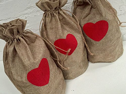 Jute Sackleinen Jute Taschen – Jute Geschenk Tasche Herz Weihnachten 35 x 15 cm- Große Geschenktasche (Menge wählen)