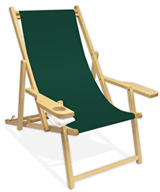 Holz-Liegestuhl mit Armlehne und Getränkehalter, Klappbar, Wechselbezug (Tannengrün)