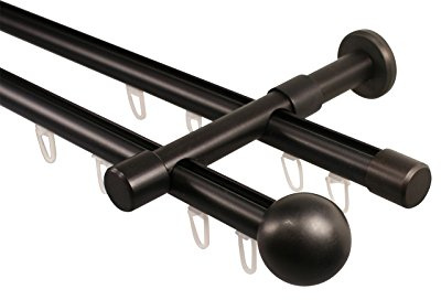 iso-design Innenlauf Gardinenstangen 2-läufig schwarz 20 mm Durchmesser, Wandmontage, Gardinenstangenkomplettset aus Metall mit Wandhaltern und Endstück Kugel, 180 cm